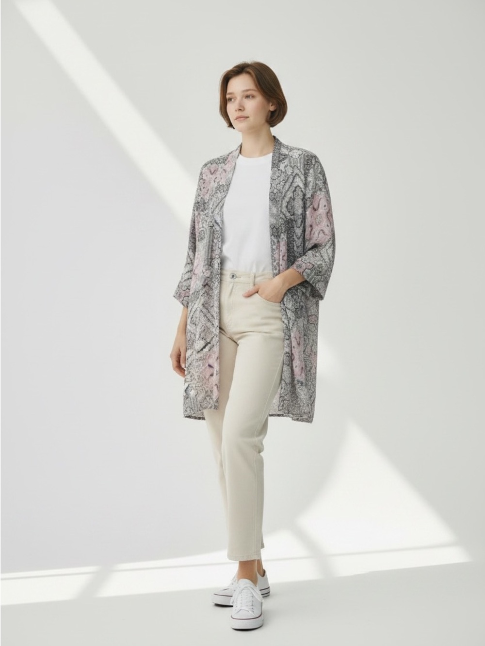 Pink and Gray Ladies Tahari Printed Open Duster Cardigan Size Large